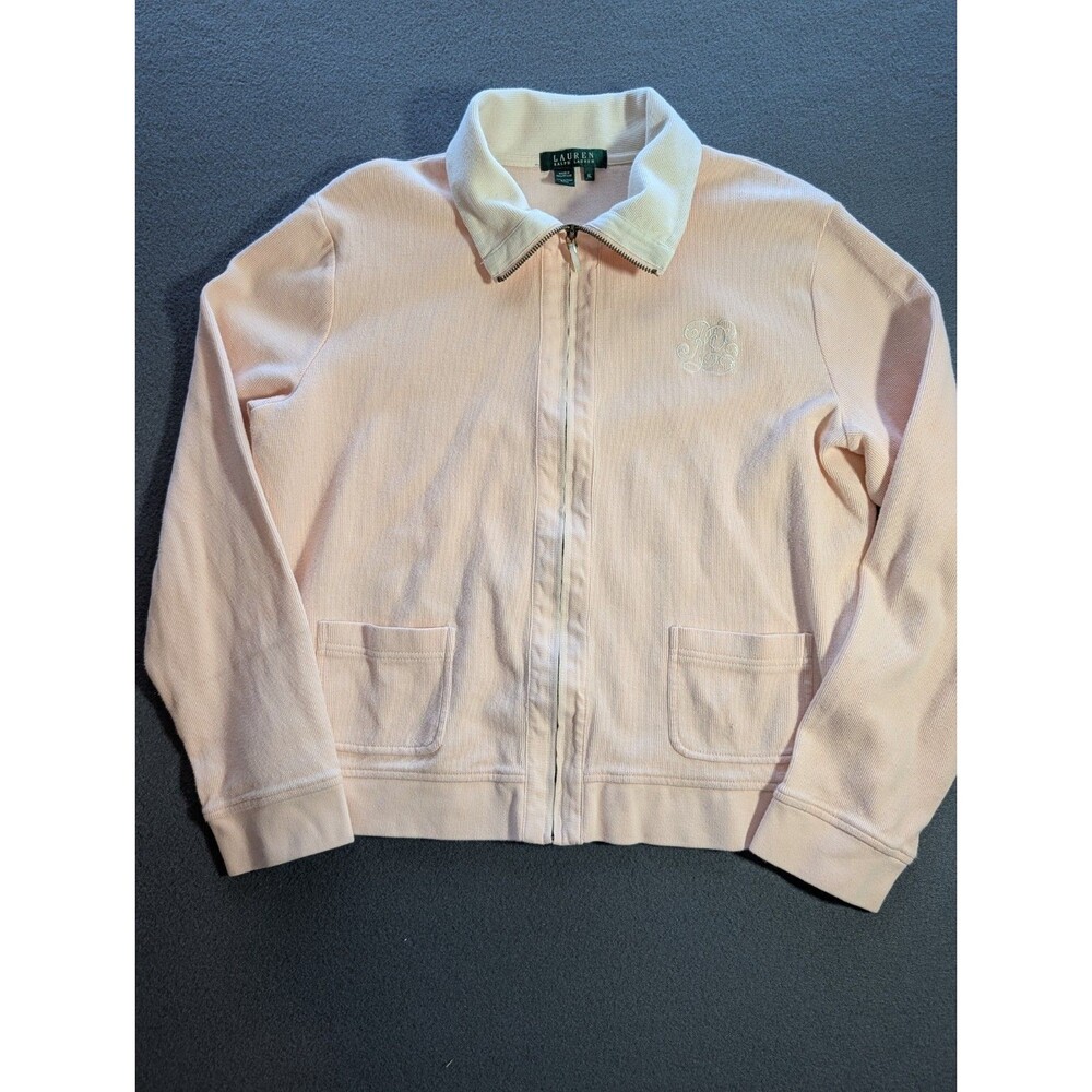 Lauren Ralph Lauren Women’s XL Pink Full Zip Jacket White Collar Monogram Cotton